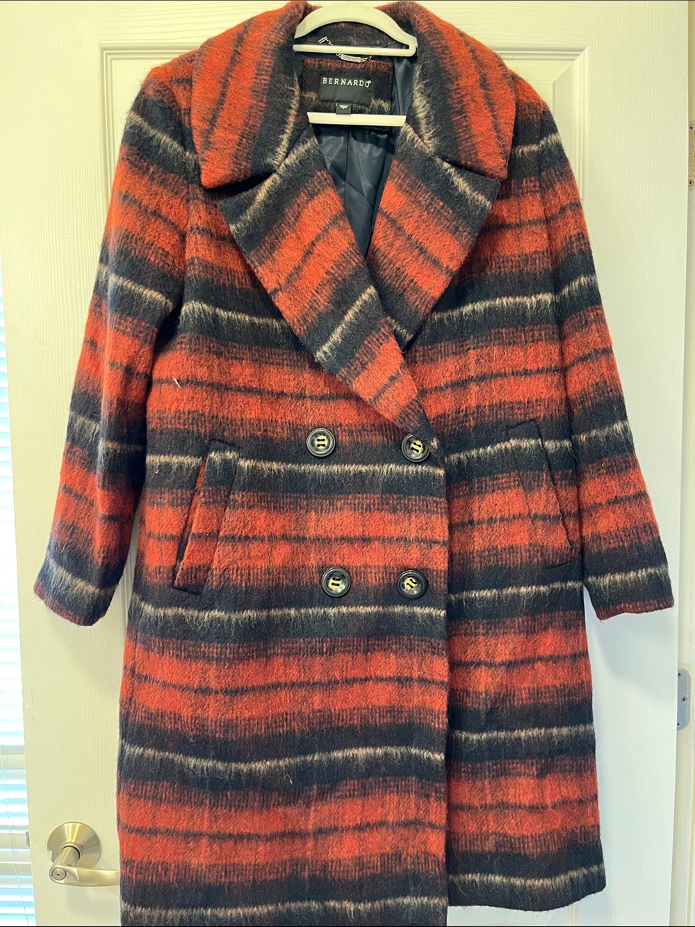 Bernardo Red and Black Striped Double-Breasted Pea Coat